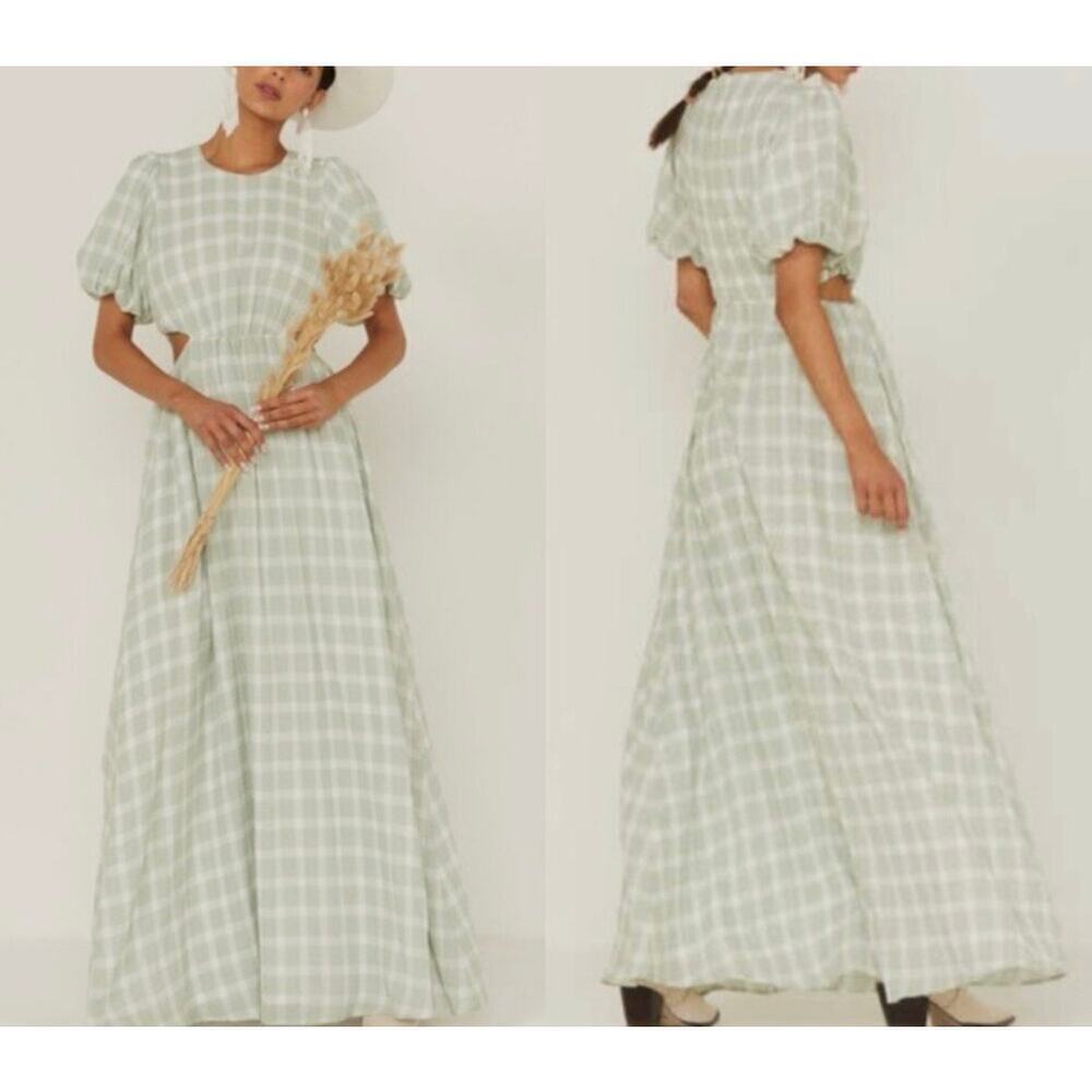 Show Me Your Mumu Eloise Dress Maxi Gingham Side Cut Outs Green White Size Small